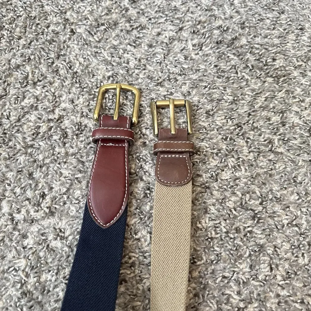 L.L. Bean Belt Men 42 Canvas Web Leather Trim Belt Brass Buckle 2 Lots Navy Tan